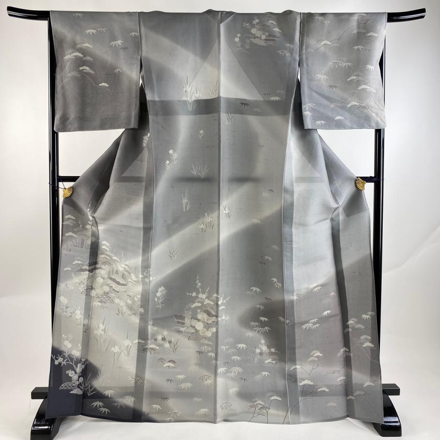 訪問着 身丈168.5cm 裄丈67cm M 薄物 紬地 松竹梅 家屋 灰色 正絹 名品  