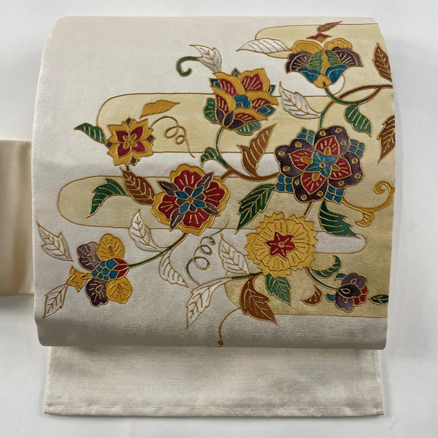 名古屋帯 秀品 花唐草 ヱ霞 金彩 箔 クリーム 正絹 中古 