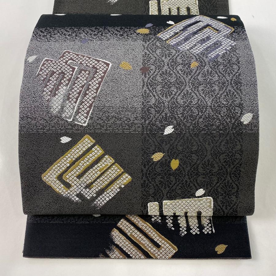 袋帯 美品 名品 源氏香 花びら 金糸 黒 六通 正絹 中古 