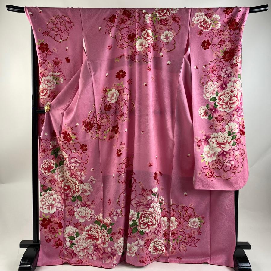 振袖 身丈171cm 裄丈71.5cm L 袷 花 花びら 金彩 刺繍 濃ピンク 正絹  