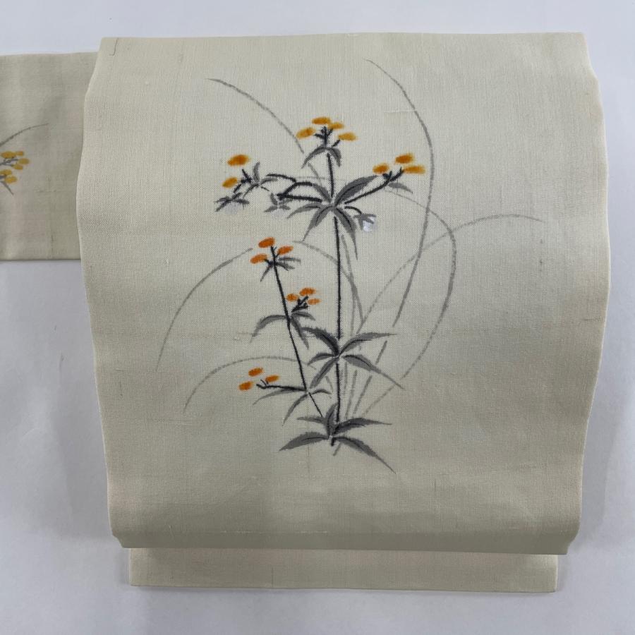 名古屋帯 名品 落款あり 夏帯 草花 クリーム 正絹 中古  