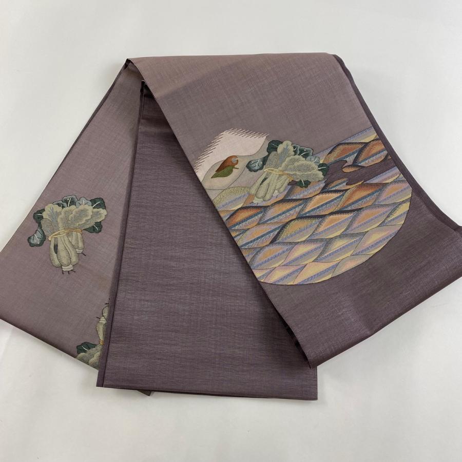 袋帯 美品 名品 夏帯 生り物 波 灰紫 お太鼓柄 正絹 中古 袋帯 美品 名品 夏帯 生り物 波 灰紫 お太鼓柄 正絹 中古