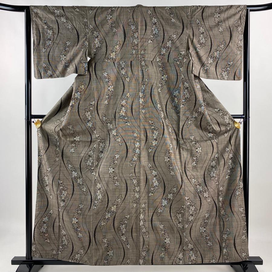 紬 身丈160.5cm 裄丈64cm M 袷 草花 よろけ縞 焦茶色 正絹 名品 中古  