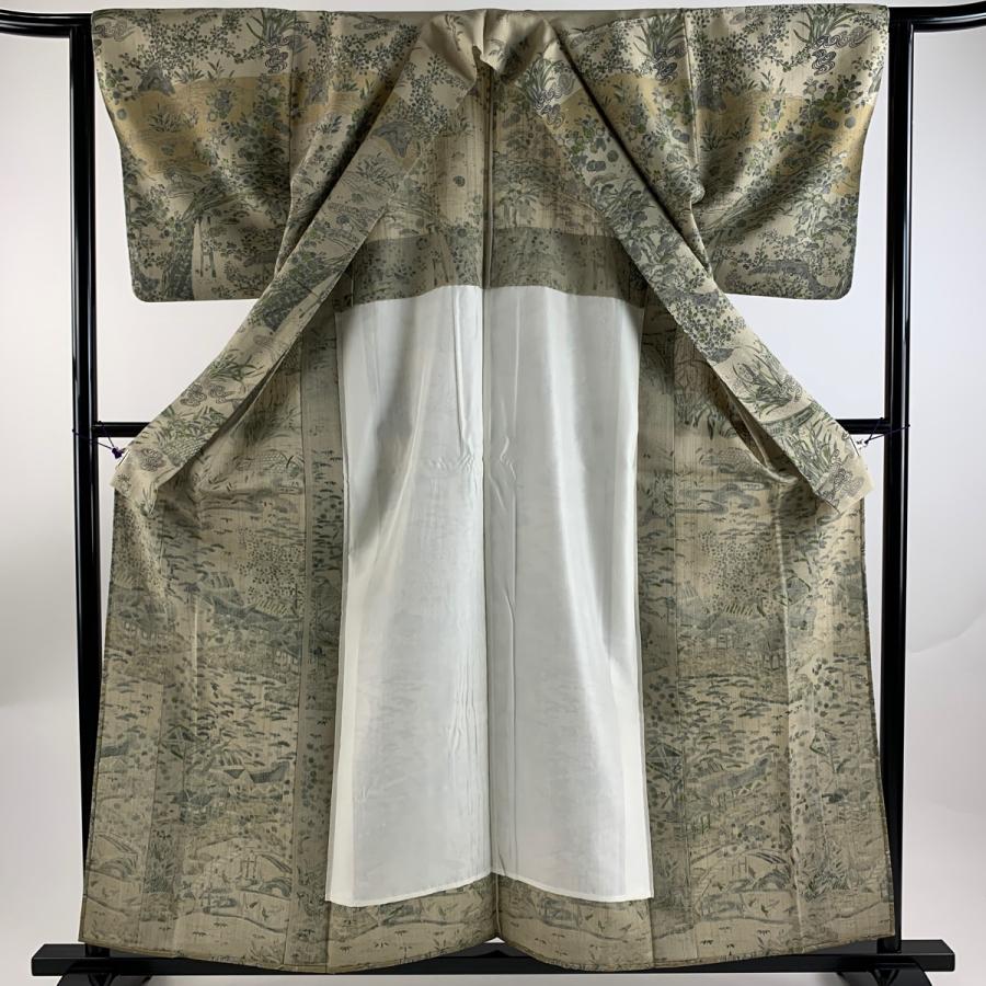 訪問着 身丈158.5cm 裄丈62cm S 単衣 紬地 落款あり 建物 松 薄茶色  
