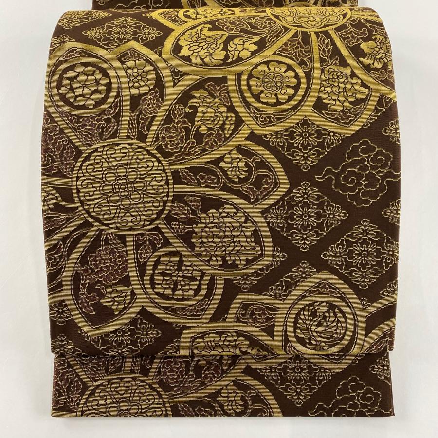 袋帯 美品 名品 綾錦箔天鵞絨 草花 菱 箔 輪奈織 茶色 六通 正絹 中古  