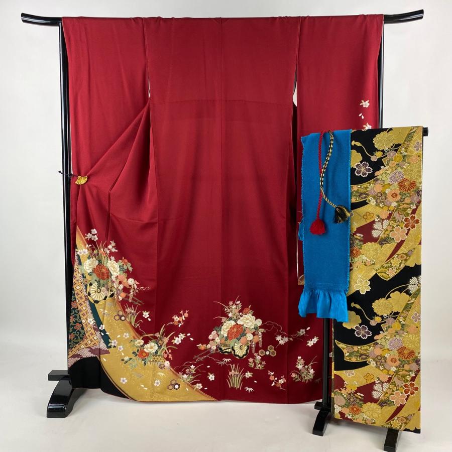 振袖 身丈166.5cm 裄丈66cm M 袷 袋帯フルセット 花車 花籠 金糸 金彩 