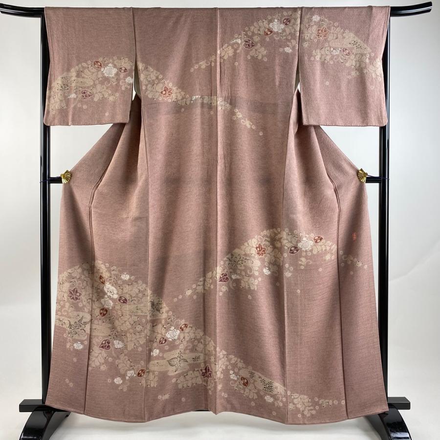 お召 身丈162cm 裄丈66cm M 袷 幾何学模様 赤茶 正絹 美品 逸品 【中古  