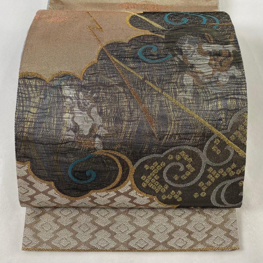 袋帯 美品 逸品 風神雷神 雲文 金銀糸 薄茶色 お太鼓柄 正絹 中古 