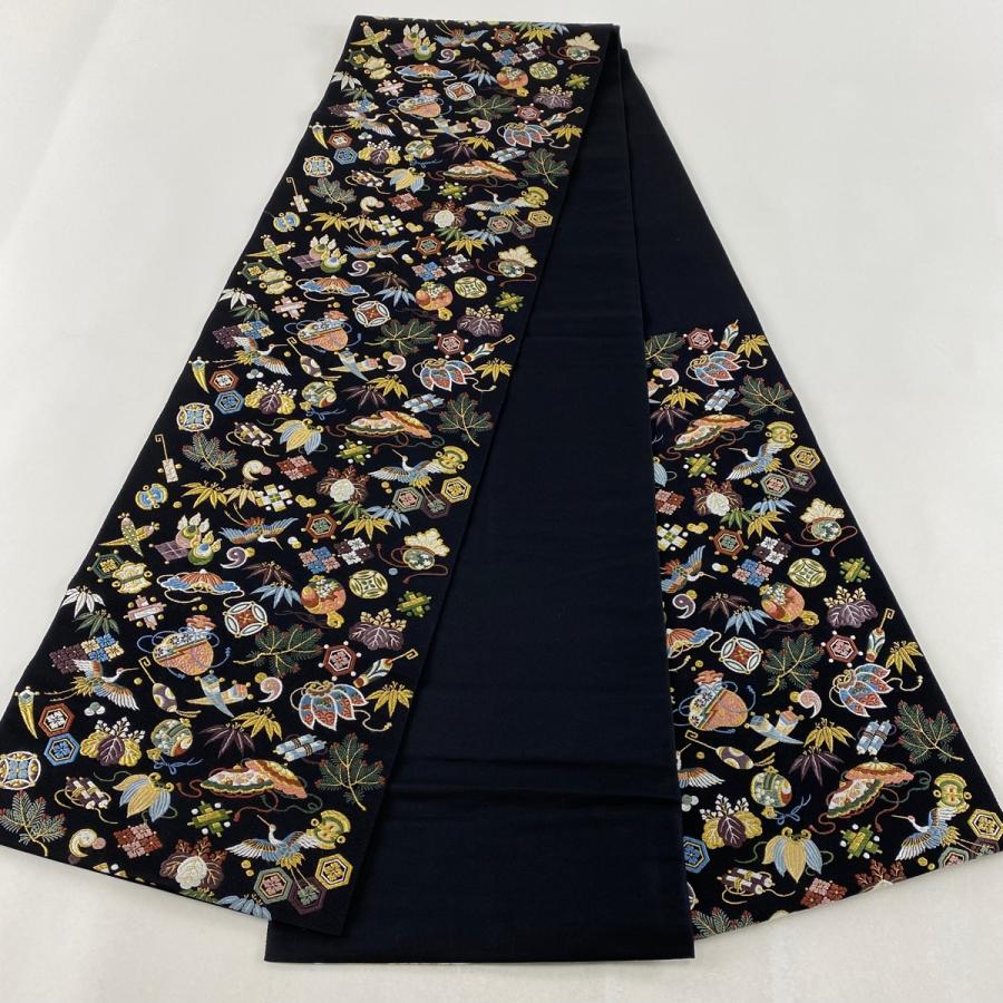 袋帯 逸品 招福宝尽くし 鶴 金糸 刺繍 黒 六通 正絹 中古 
