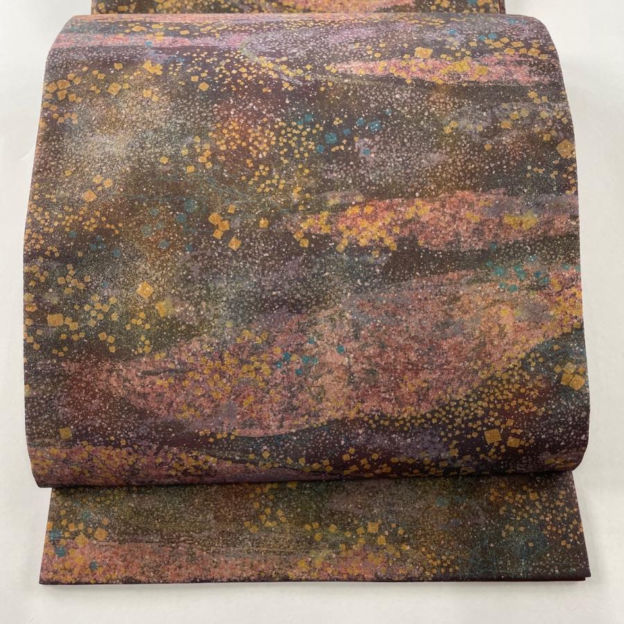 袋帯 美品 名品 手織り 伊那紬 流水 箔散らし 金彩 紫 全通 正絹  