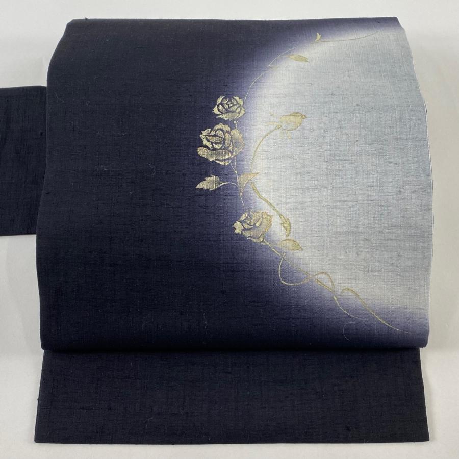 名古屋帯 美品 逸品 紬地 薔薇 金銀彩 ぼかし 黒 正絹 中古 