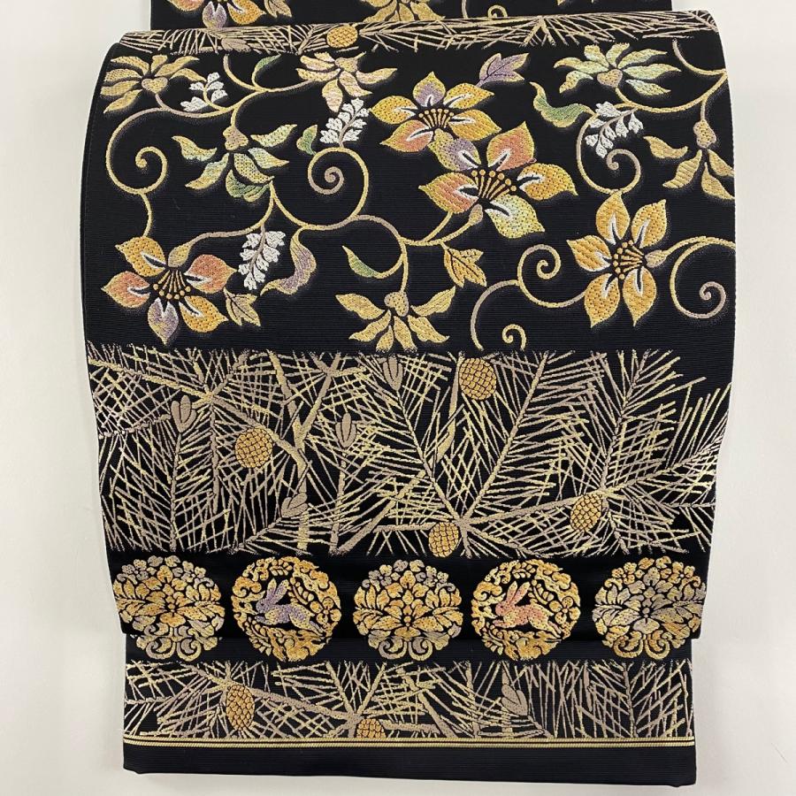 袋帯 名品 若松 花唐草 金銀糸 唐織 黒 六通 正絹 中古  