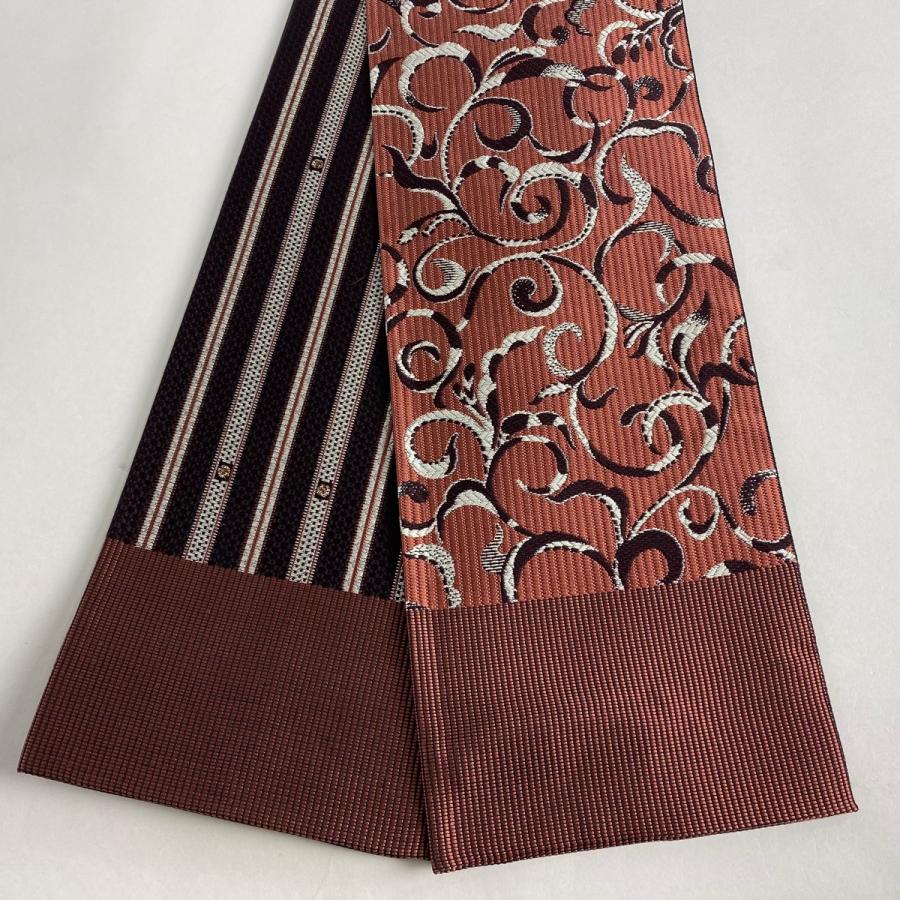 半幅帯 美品 名品 証紙あり 博多織 唐草 縞 箔 小豆色 正絹 中古  