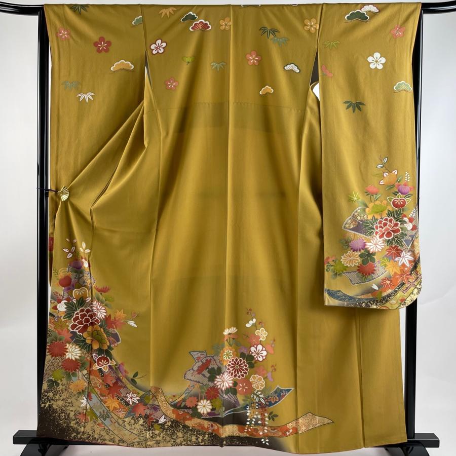 振袖 身丈160cm 裄丈66cm M 袷 草花 熨斗 金彩 黄土色 正絹 名品 中古  