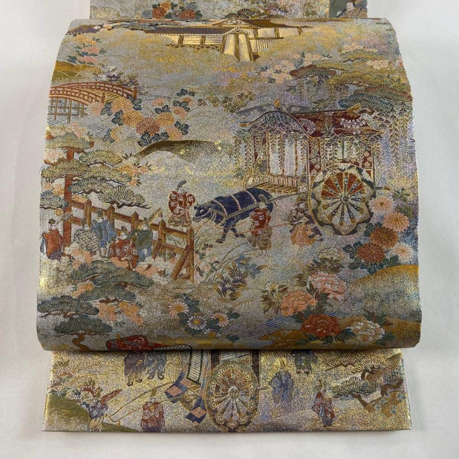 丸帯 美品 逸品 平安雅祭礼図 風景 人物 金糸 箔 銀色 全通 正絹 中古 