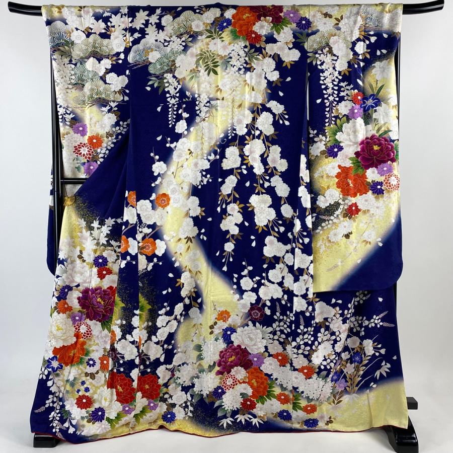振袖 身丈170cm 裄丈68cm L 袷 牡丹 菊 金彩 ぼかし 青紫 正絹 逸品  