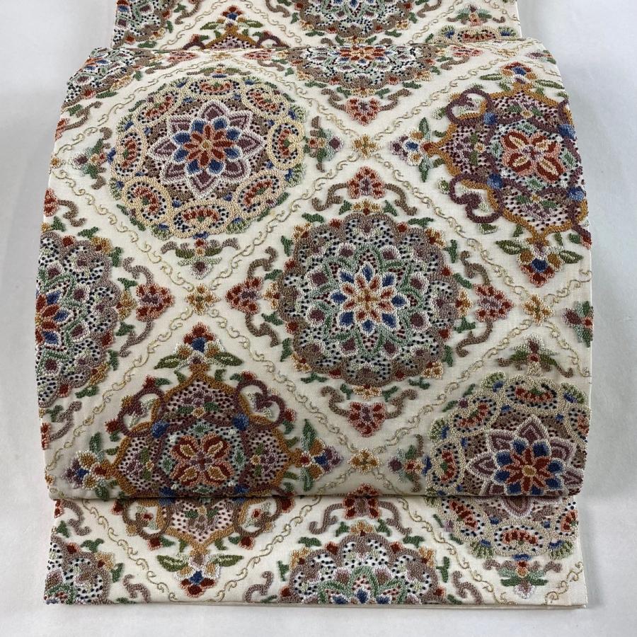 袋帯 美品 逸品 華文 斜め格子 相良刺繍 金糸 白 六通 正絹 中古  