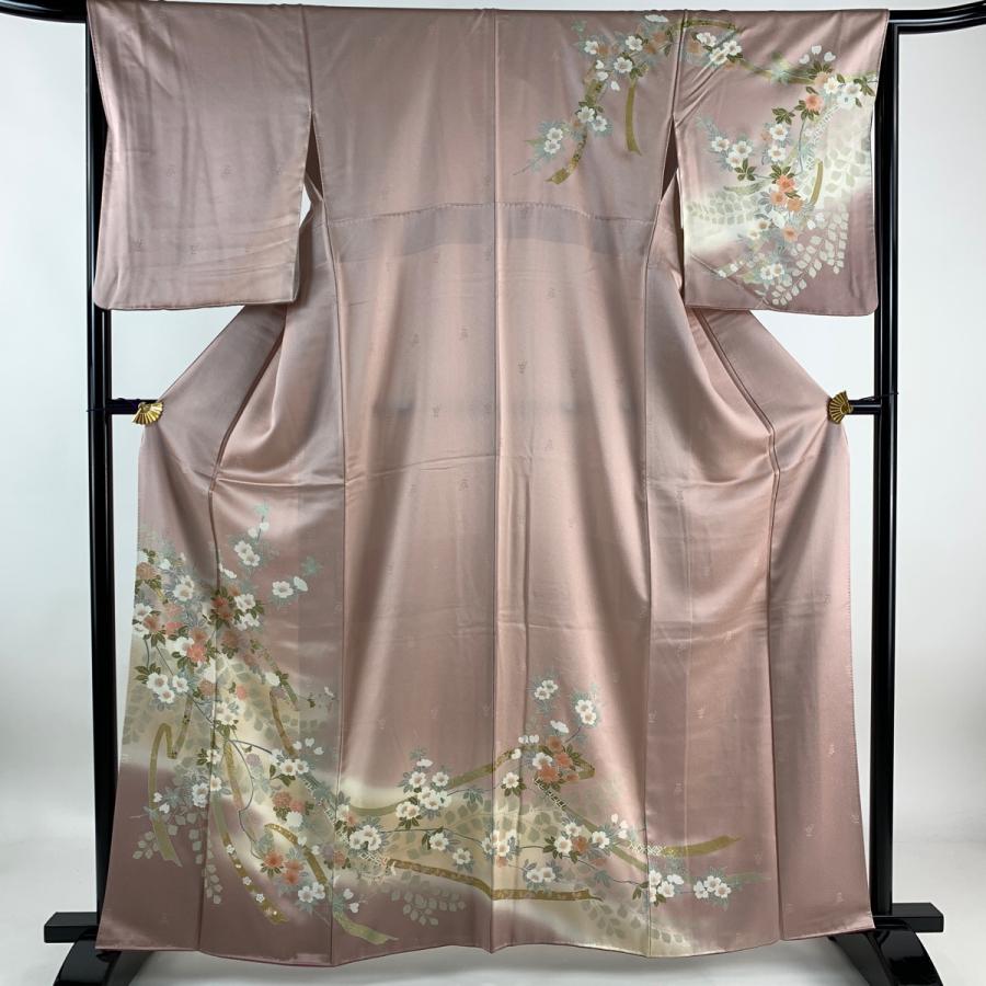 訪問着 身丈161.5cm 裄丈66cm M 袷 草花 蔓帯 金彩 ぼかし ピンク 正絹 