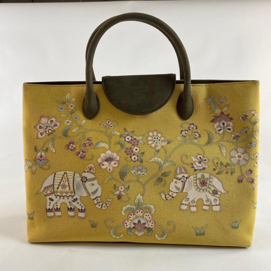 和装バッグ 美品 逸品 OKAJIMA 象 草花 金彩 縮緬 からし色 正絹 和装 