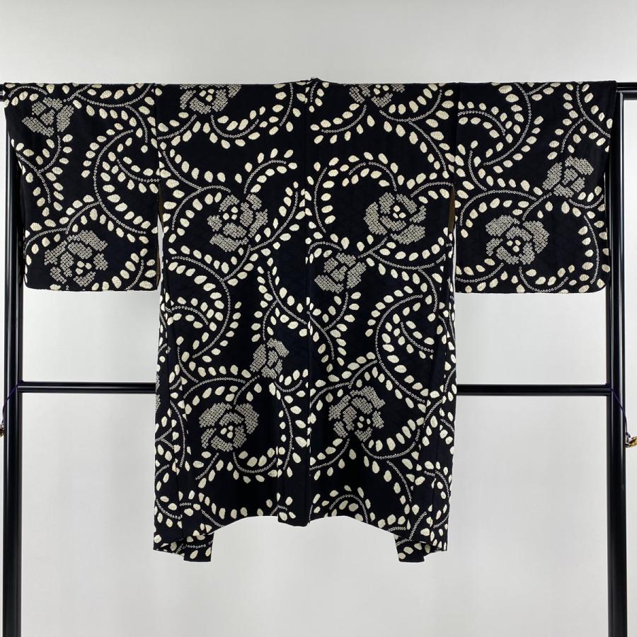 羽織 身丈98.5cm 裄丈66cm M 花唐草 絞り 黒 正絹 逸品 中古  