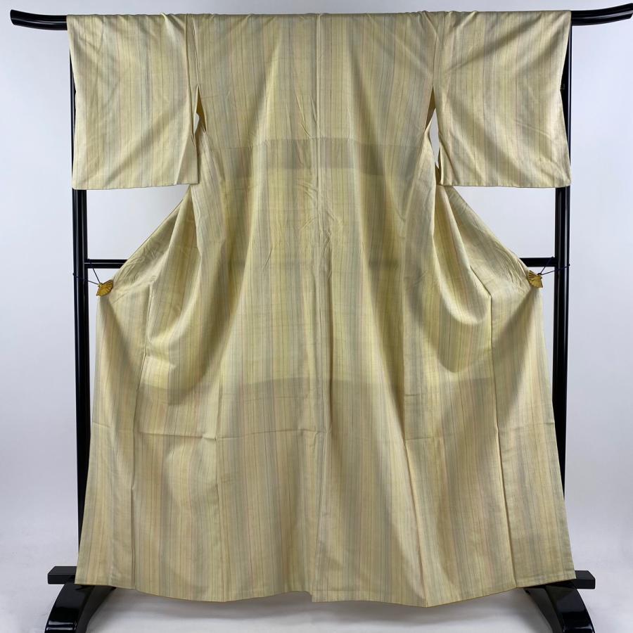 紬 身丈163.5cm 裄丈67cm M 袷 よねざわ新田 証紙あり 縦縞 薄黄 正絹  