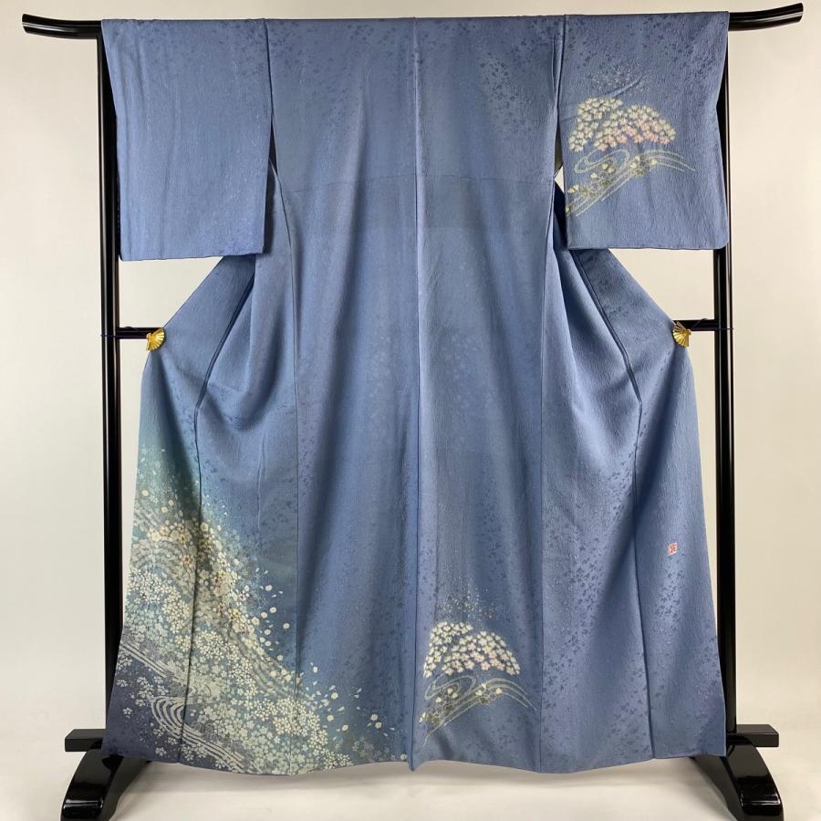 付下げ 身丈164cm 裄丈67cm M 袷 吉乃一廉 落款あり 花 流水 絞り 銀  