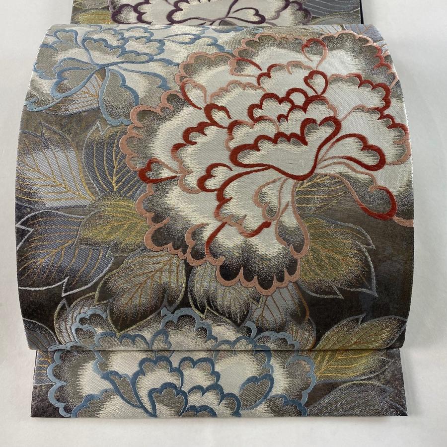 袋帯 美品 秀品 牡丹 金銀糸 箔 銀色 六通 正絹 中古 