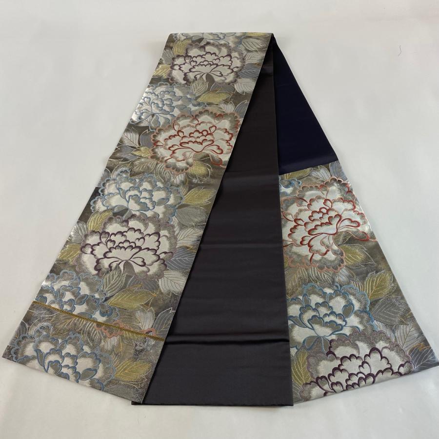 袋帯 美品 秀品 牡丹 金銀糸 箔 銀色 六通 正絹 中古 