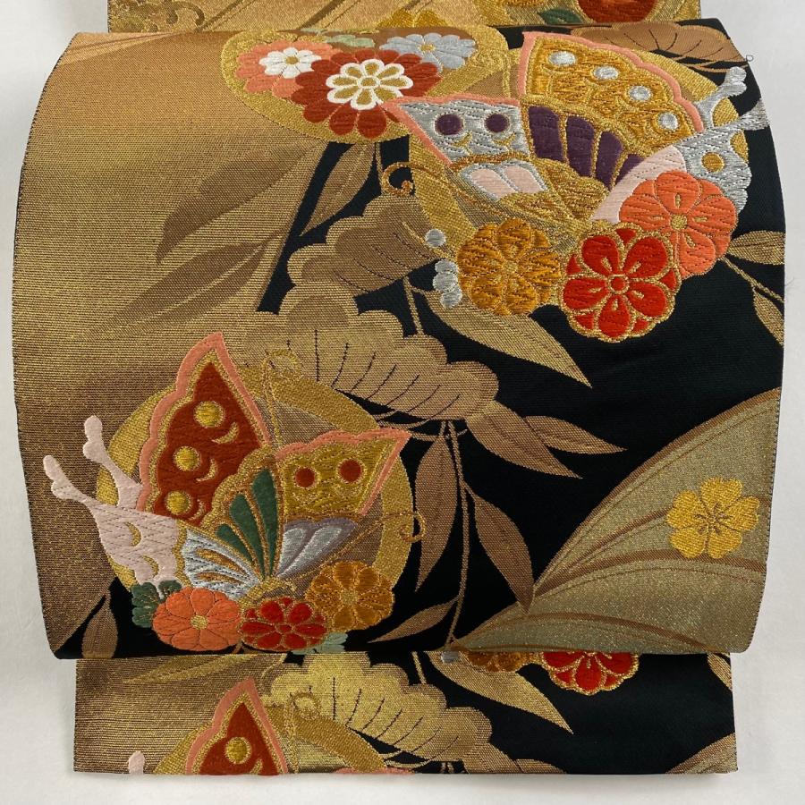 袋帯 秀品 全通袋帯 蝶 菊 唐織 箔 黒 全通 正絹 中古 : 1000078366144  