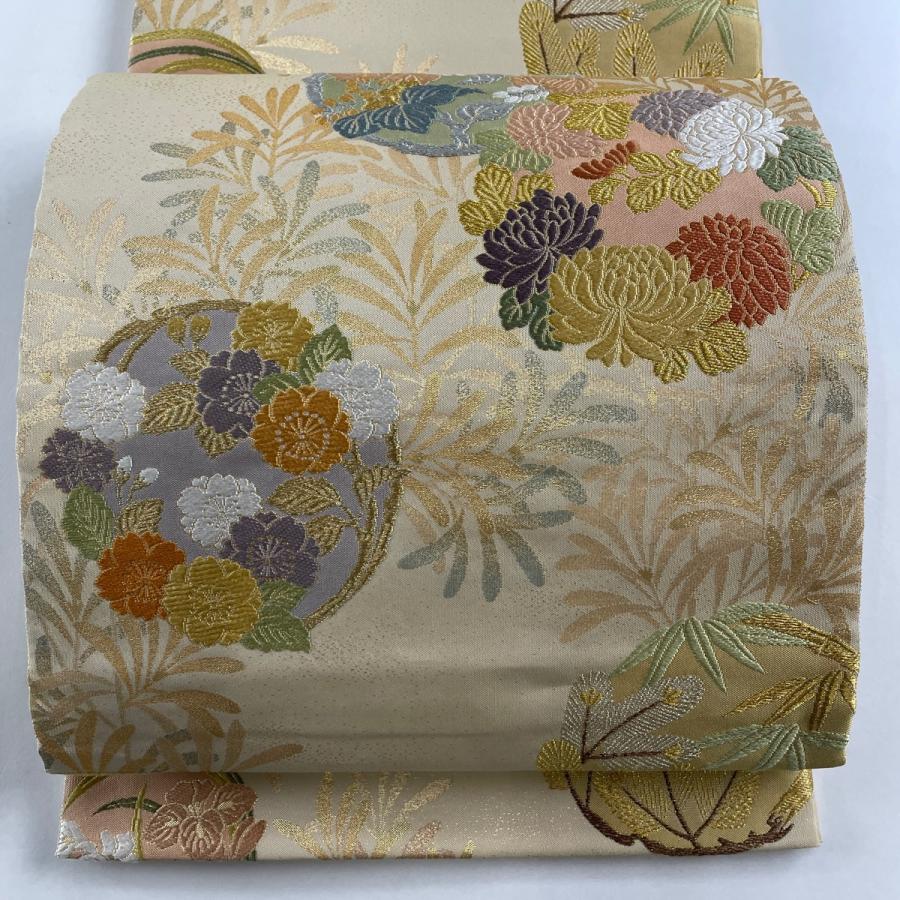 袋帯 美品 逸品 じゅらく 落款あり 波 花 金銀糸 箔 灰色 六通 正絹 
