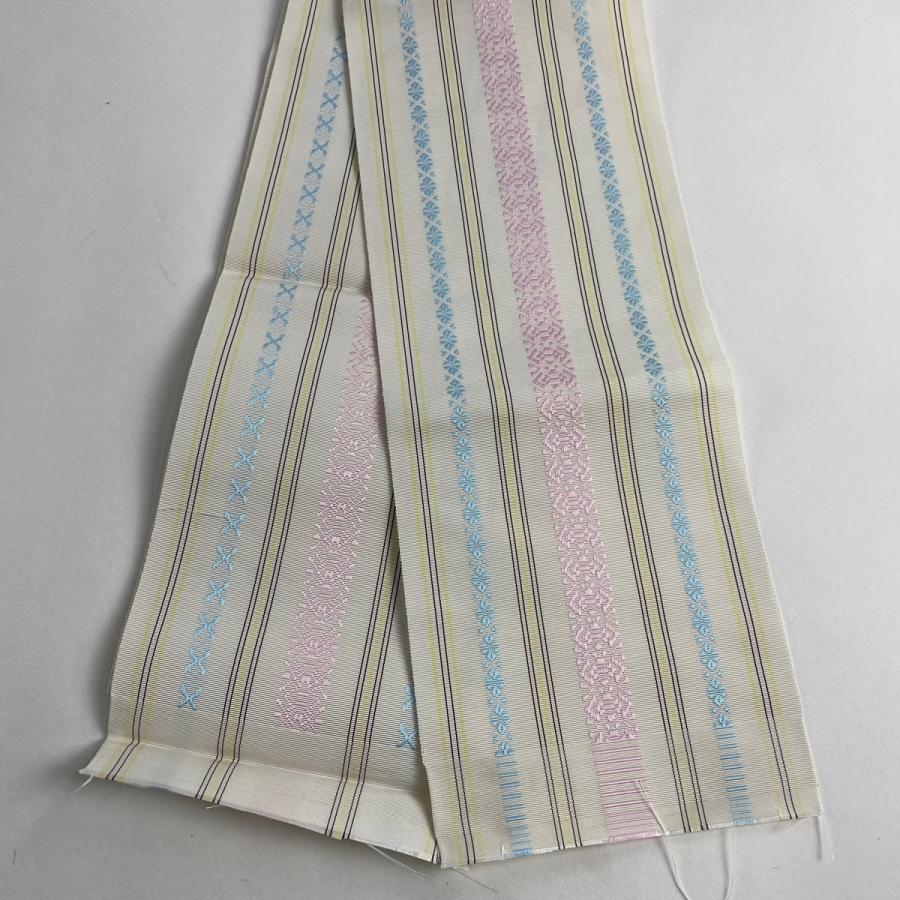 半幅帯 美品 名品 博多織 証紙 縞 独鈷柄 クリーム 正絹 中古  