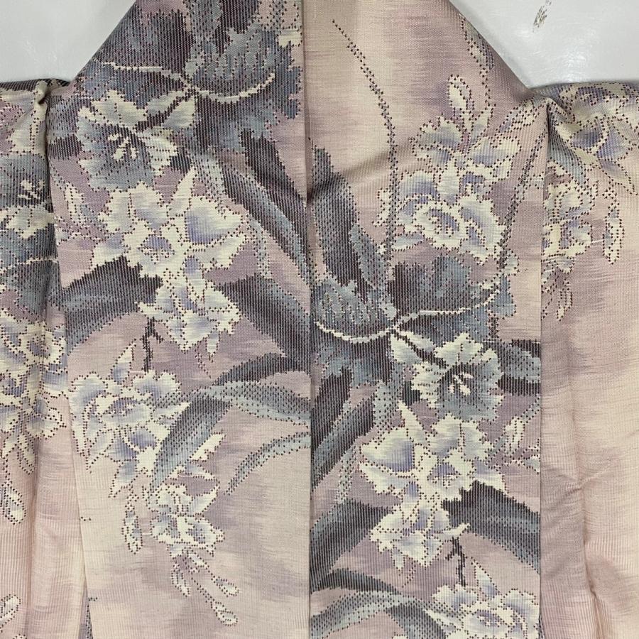 紬 身丈162cm 裄丈65.5cm M 袷 草花 薄ピンク 正絹 名品 中古 紬 身丈162cm 裄丈65.5cm M 袷 草花 薄ピンク 正絹 名品 中古