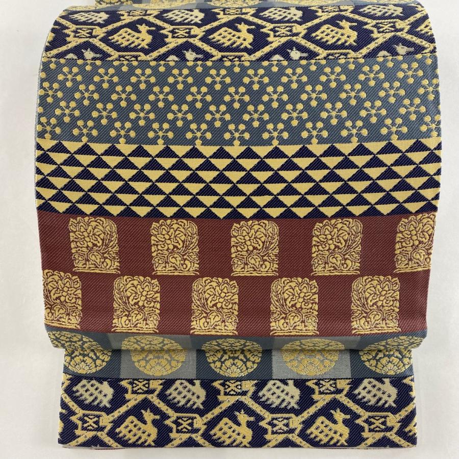 袋帯 美品 名品 梅鉢 有栖川文 箔 青灰色 六通 正絹 中古 在庫一掃  