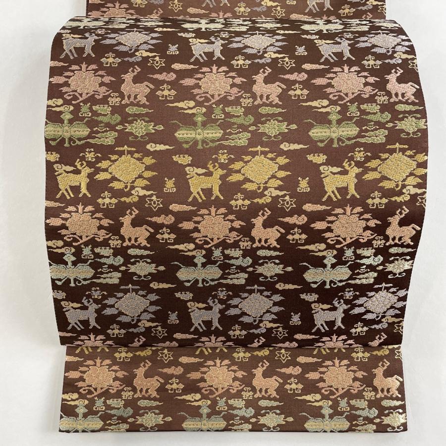 袋帯 美品 名品 箔屋清兵衛 落款あり 西陣織 動物 草花 箔 焦茶色 六通  