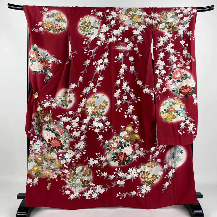 振袖 身丈165cm 裄丈69.5cm L 袷 牡丹 草花 染め分け 濃ピンク 正絹 美  