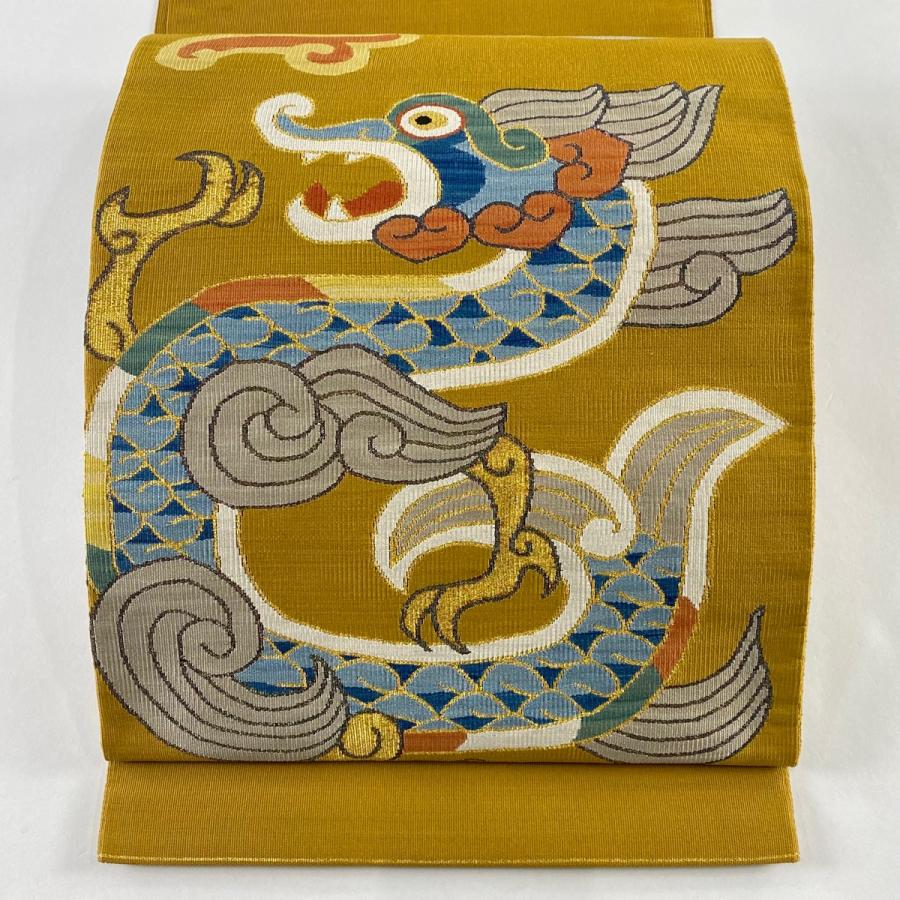 名古屋帯 逸品 八寸名古屋帯 関西仕立て 伊達静 龍 金糸 箔 黄土 名古屋帯 逸品 八寸名古屋帯 関西仕立て 伊達静 龍 金糸 箔 黄土