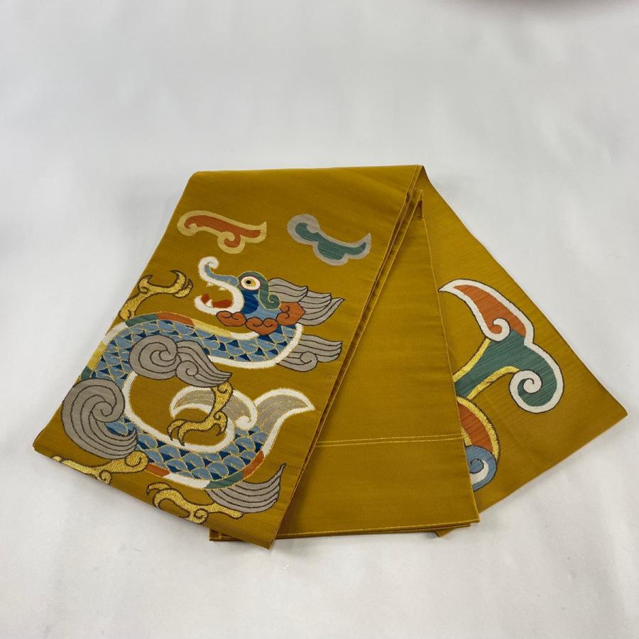 名古屋帯 逸品 八寸名古屋帯 関西仕立て 伊達静 龍 金糸 箔 黄土 名古屋帯 逸品 八寸名古屋帯 関西仕立て 伊達静 龍 金糸 箔 黄土