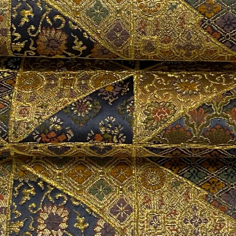 袋帯 美品 逸品 落款あり 祥園 花唐草 菱 金糸 箔 金色 六通 正絹 中古 