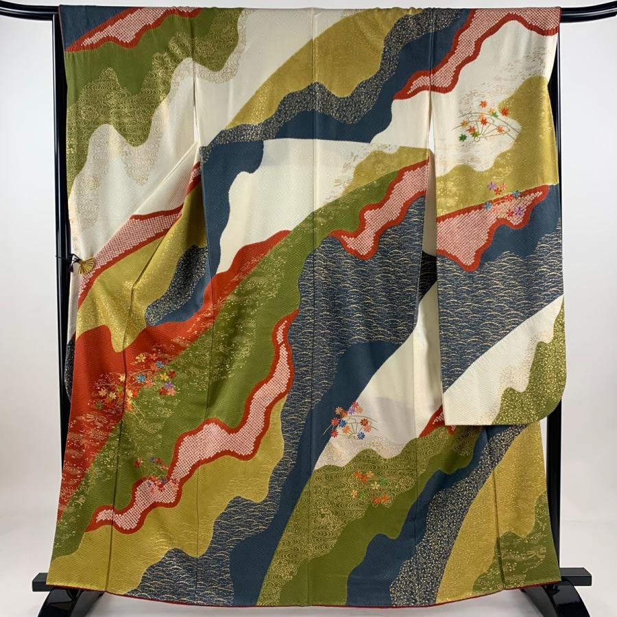 振袖 身丈162cm 裄丈65.5cm M 袷 片端車 草花 刺繍 絞り クリーム 正絹  