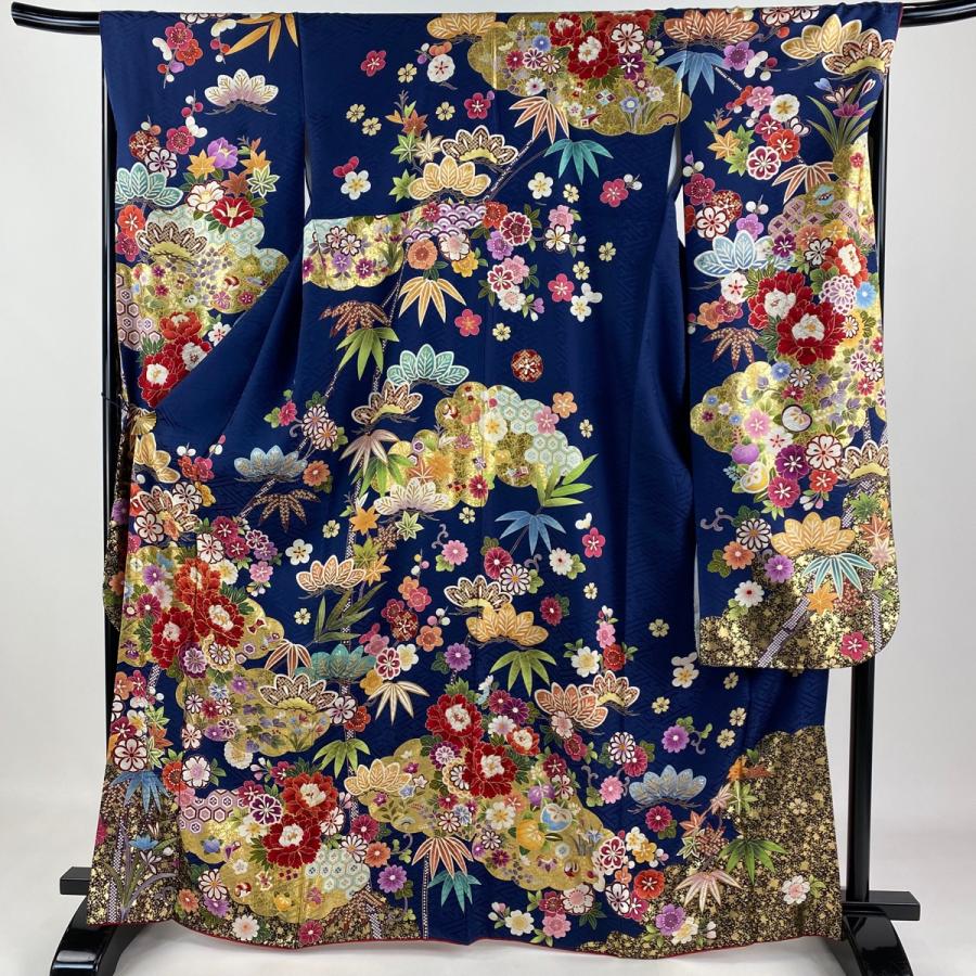 振袖 身丈167cm 裄丈68.5cm L 袷 落款あり 牡丹 松竹梅 金糸 金彩 紺色  