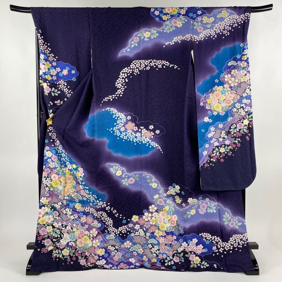 振袖 身丈173.5cm 裄丈69cm L 袷 花籠 雲文 金通し 金彩 濃紫 正絹 美  