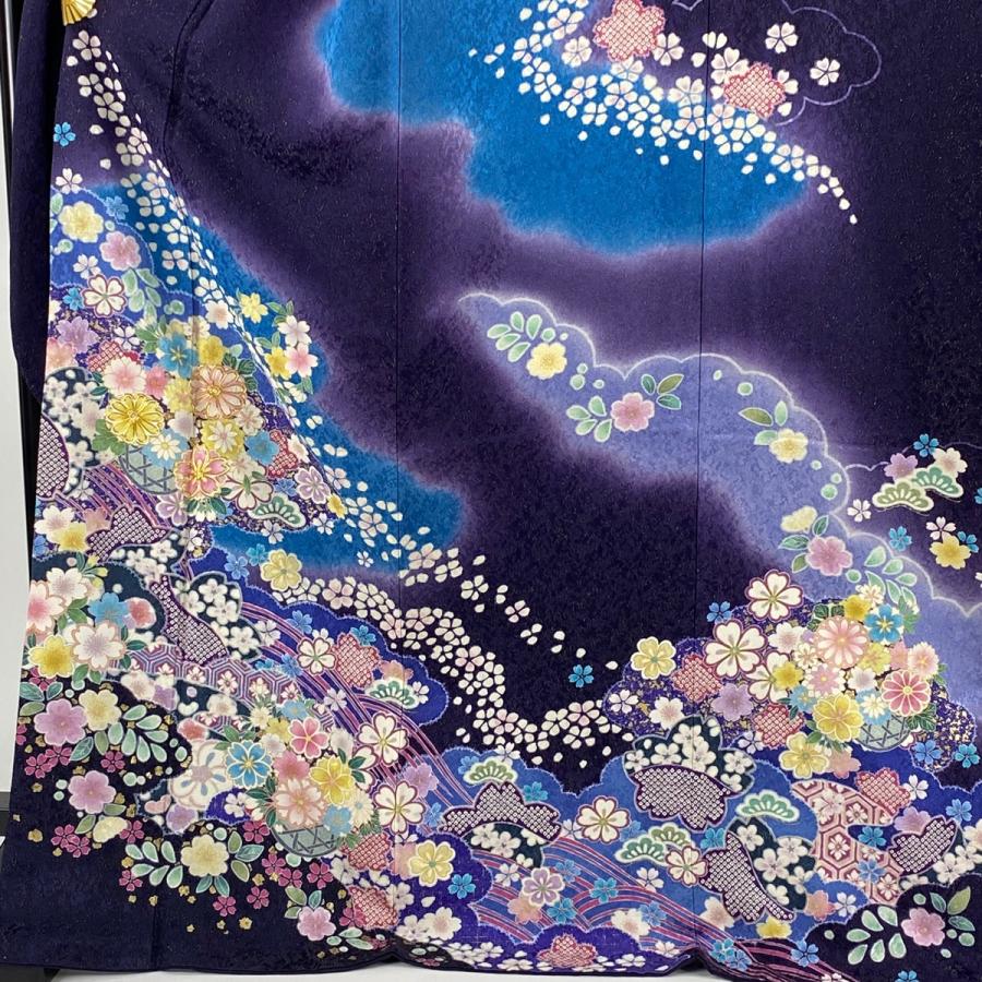 振袖 身丈173.5cm 裄丈69cm L 袷 花籠 雲文 金通し 金彩 濃紫 正絹 美  
