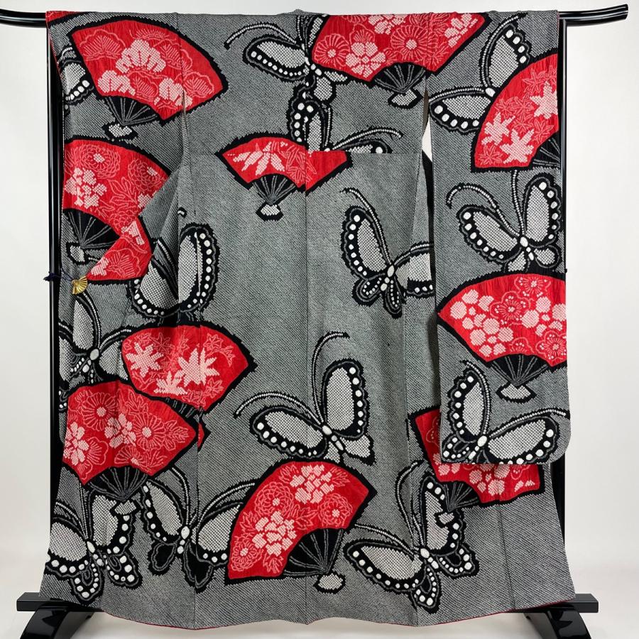 振袖 身丈159cm 裄丈66cm M 袷 扇 蝶 総絞り 黒 正絹 逸品 中古  