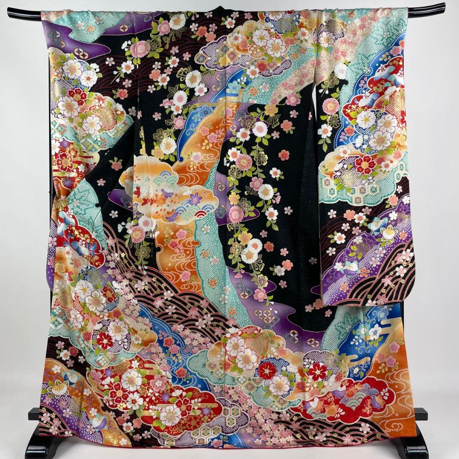 振袖 身丈170cm 裄丈71.5cm L 袷 雲文 桜 銀通し 箔 黒 正絹 美品 逸品  