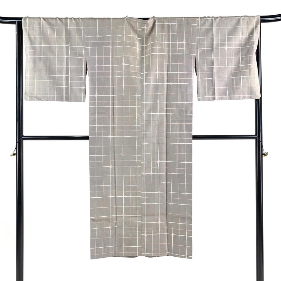道行 身丈130cm 裄丈66cm M 和装コート 角衿 格子 灰茶 正絹 名品 中古  