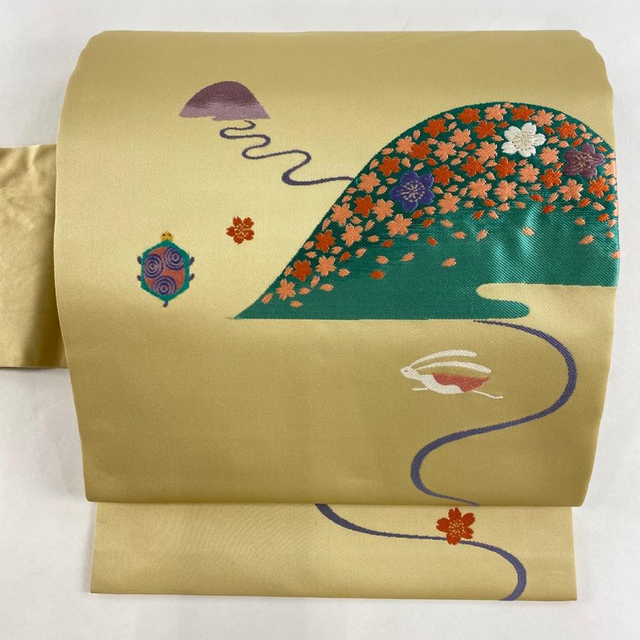 名古屋帯 美品 名品 兎と亀 桜 金糸 ベージュ 正絹 中古 : リユース  