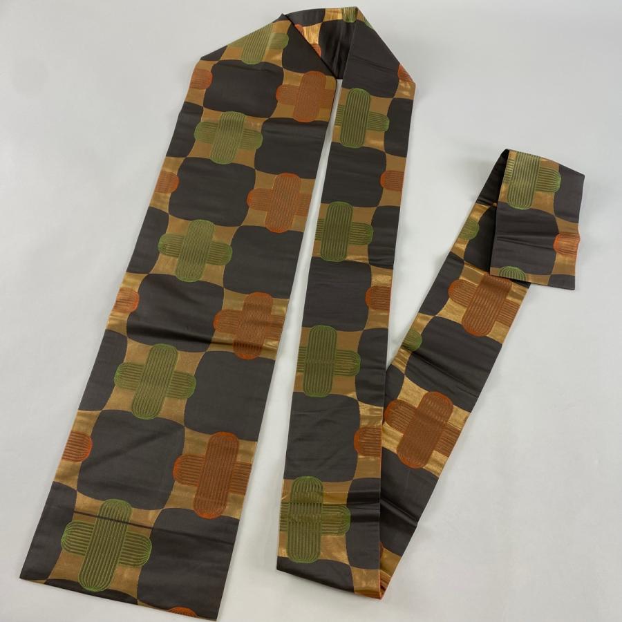 名古屋帯 美品 名品 桝屋高尾 落款あり 変わり市松 幾何学模様 箔 