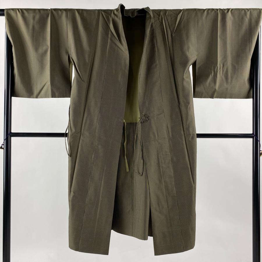 道中着 身丈122.5cm 裄丈68cm L 和装コート 紬地 縞 茶緑色 正絹 美品  