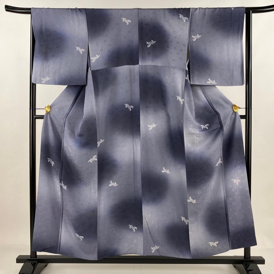小紋 身丈155cm 裄丈64cm M 袷 馬 地紋 ぼかし 青灰色 正絹 美品 名品  
