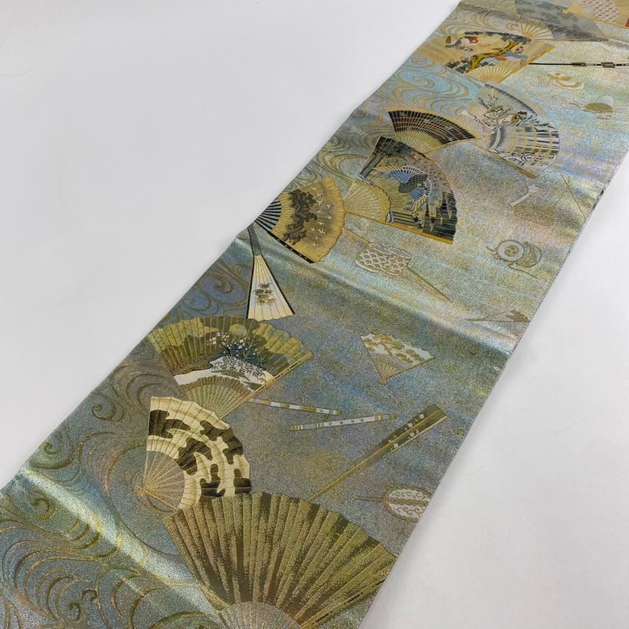袋帯 美品 名品 落款あり 徳川美術館秘蔵 花鳥 扇 金糸 箔 金色